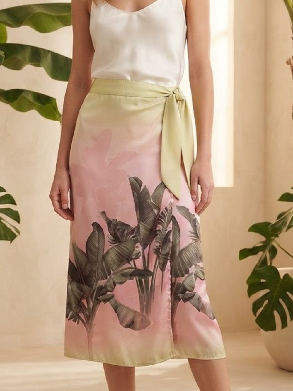 Rachel Zoe| Pink Ombre Satin Skirt w/Tropical Leaf Print & Waist Tie Sz M